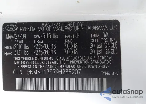 2009 Hyundai Santa Fe Limited z USA, uszkodzony, nr VIN 5NMSH13E79H288207